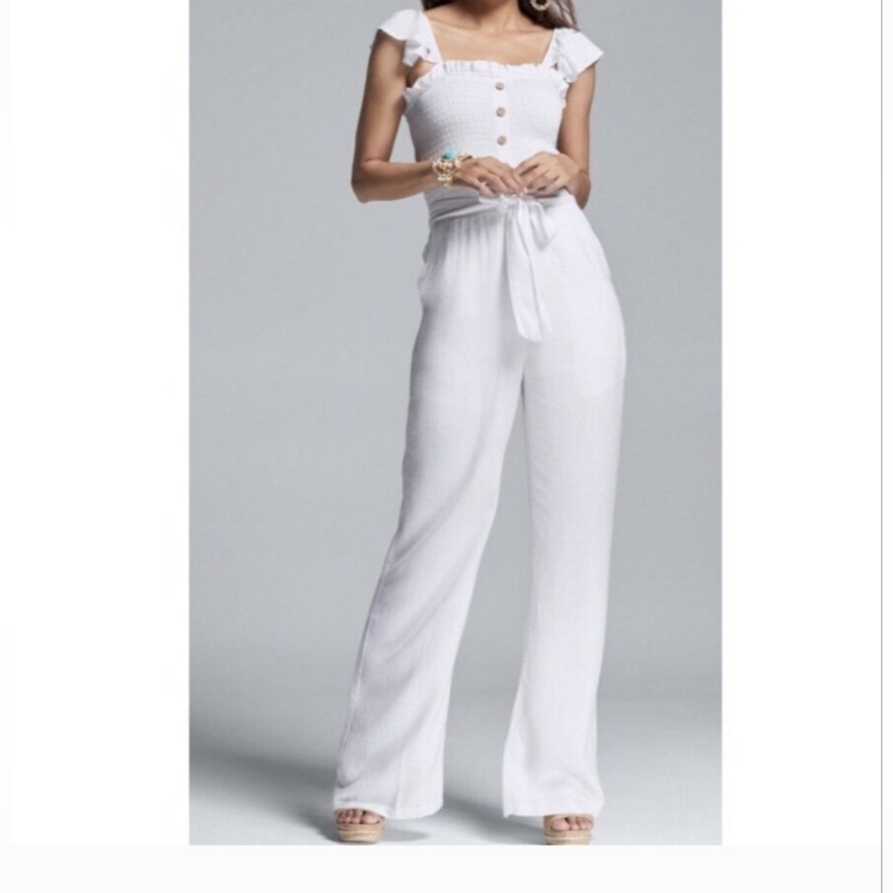 VENUS White Ruffle Strap Smocked Wide Leg Button Detail Jumpsuit Size 2
